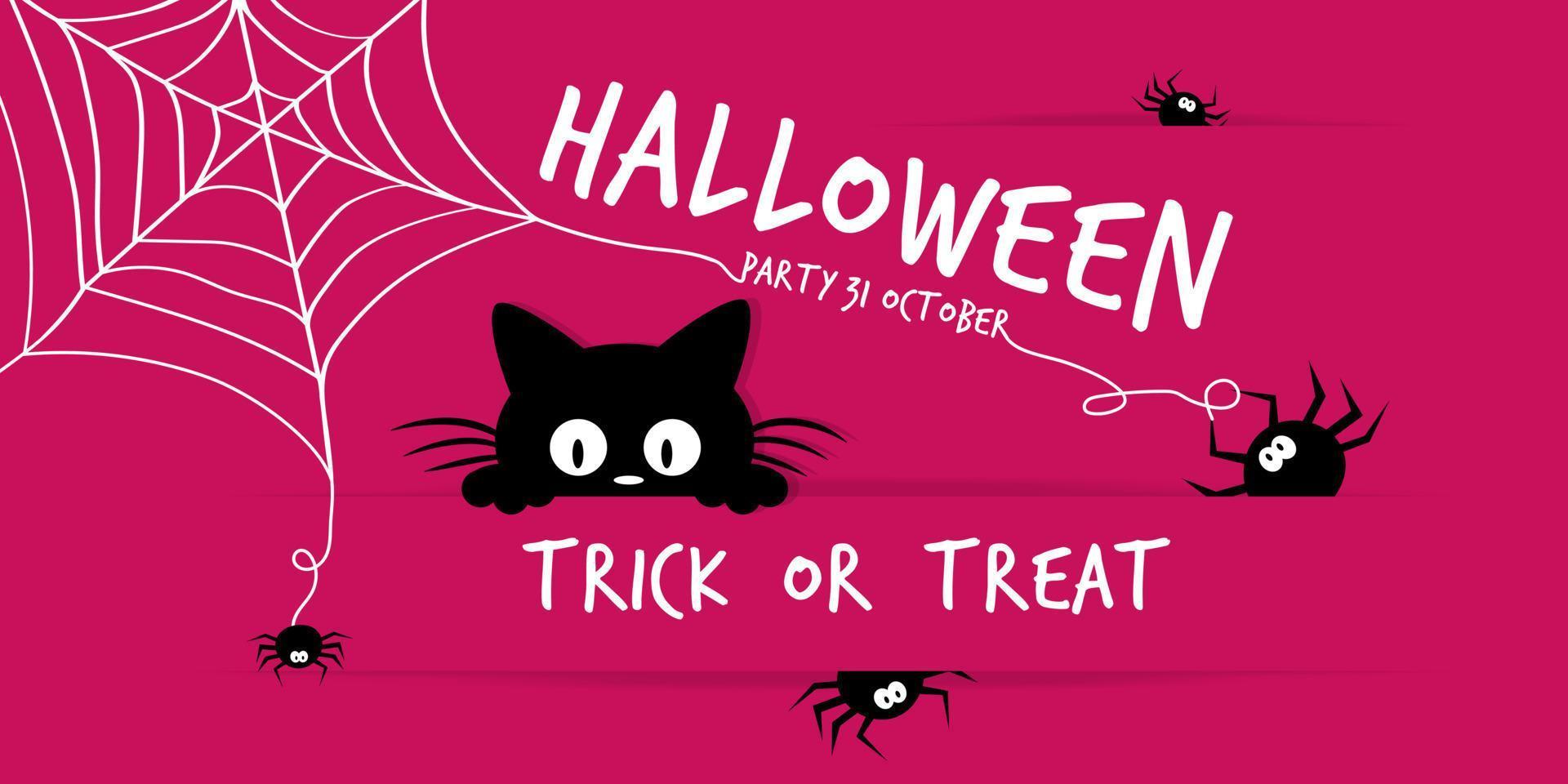 Happy Halloween postcard in paper cut style. The cute black kitten is afraid of spiders. vector