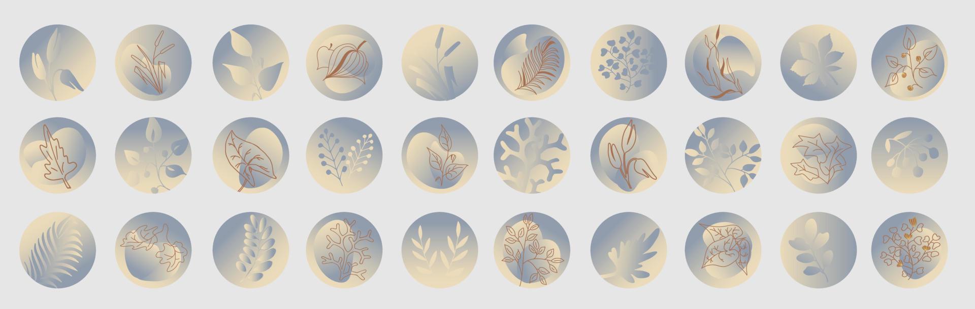 Big set of round highlight covers  with abstract shapes, brunch with leaves and plants. vector