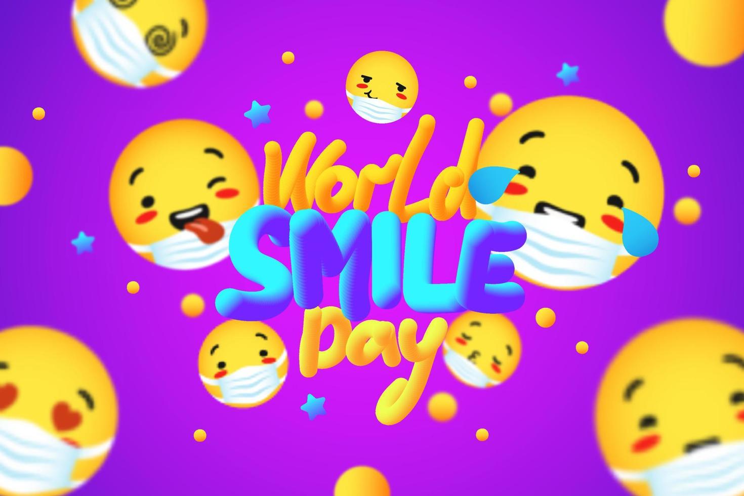 World smile day. Joyful yellow faces in masks make cute grimaces universal celebration laughter. vector