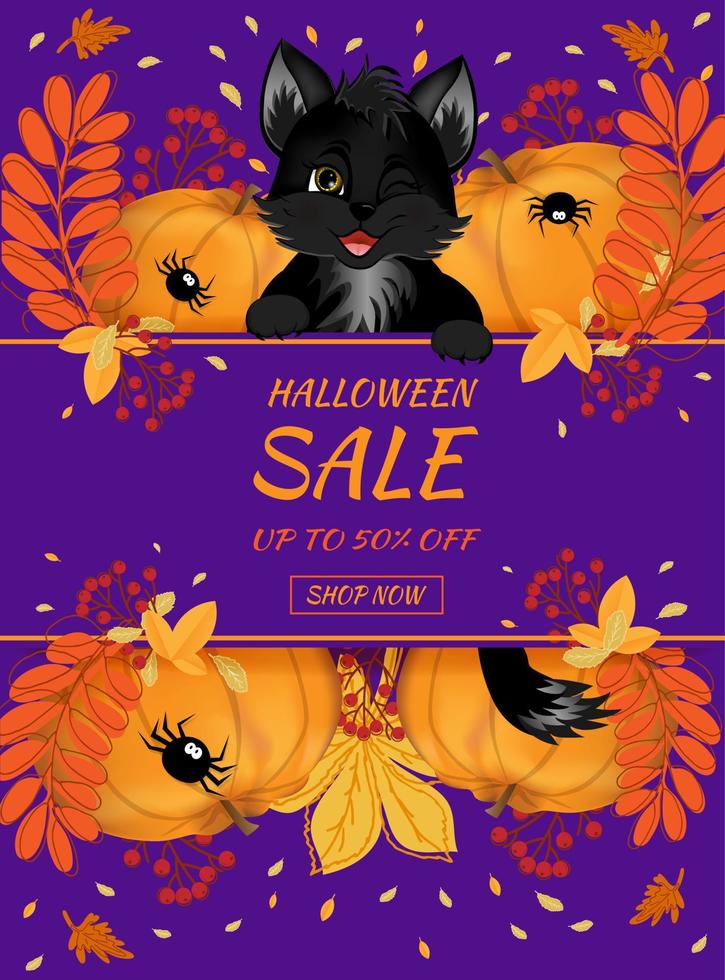Happy Halloween sale banner. Cute black kitten is sitting on a pumpkin. vector
