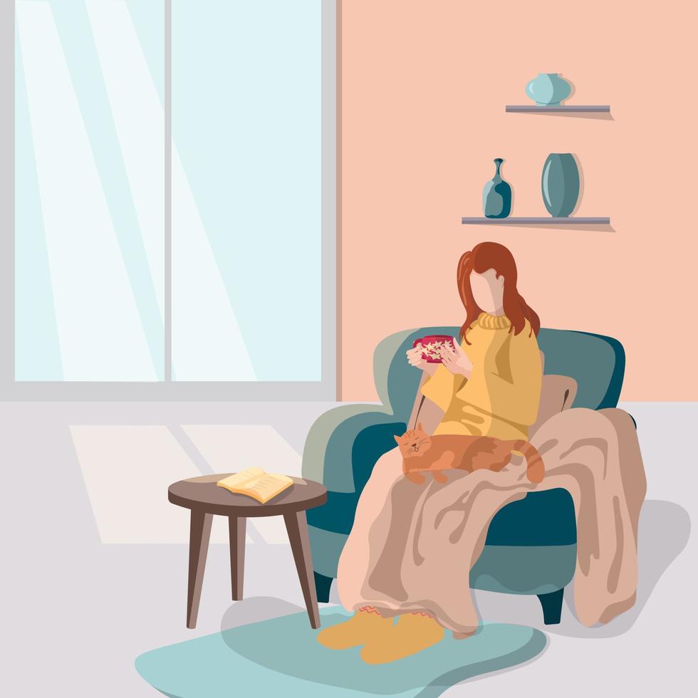 Cute and cozy living room interior with a girl in an armchair with a cup of coffee in her hands and a cat on her lap, comfortable for the autumn season in the style of Hugge vector