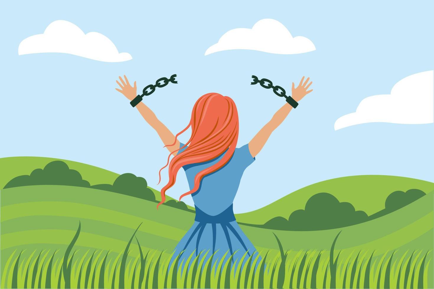 Back view cartoon woman break handcuffs enjoy freedom at natural landscape vector