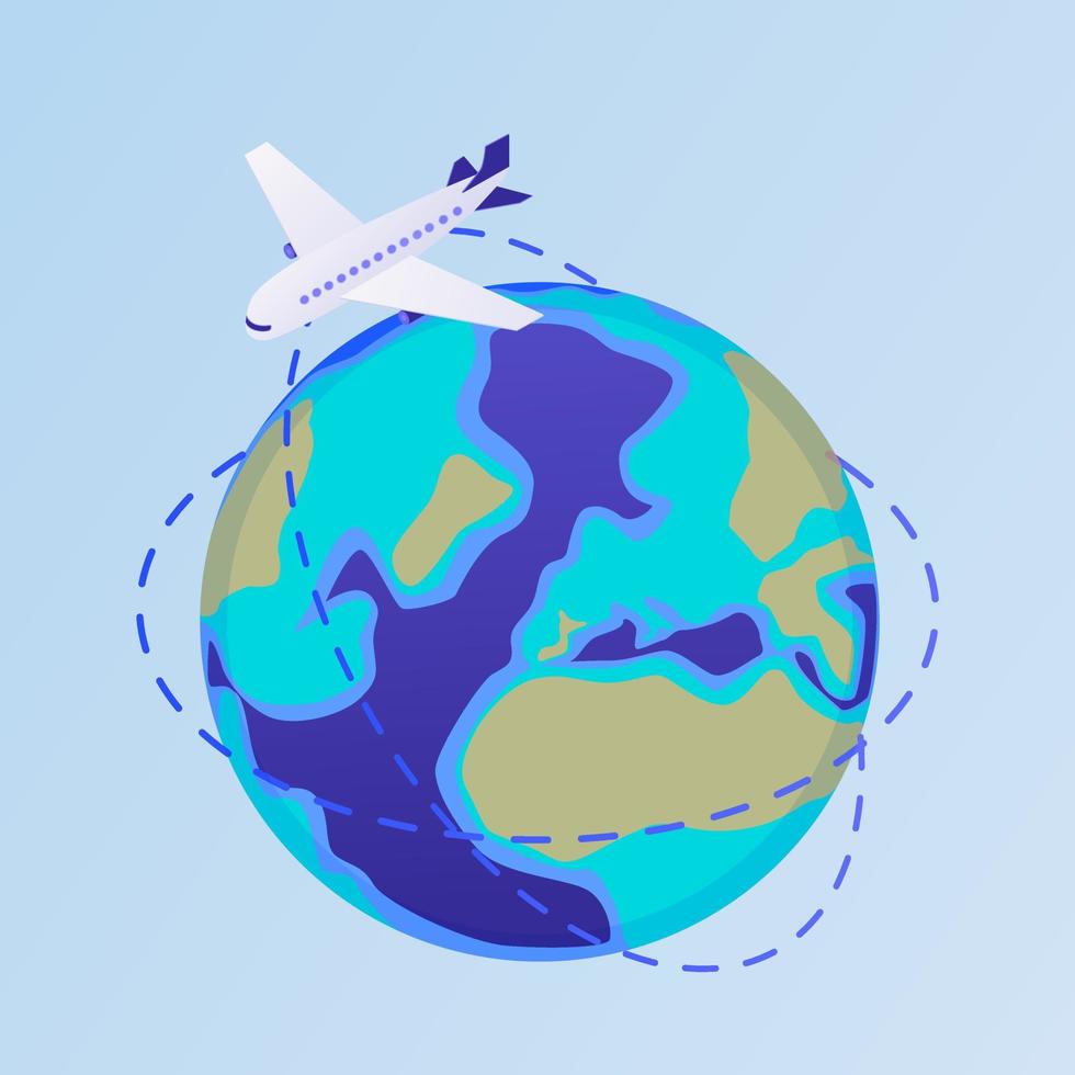 Plane flies around world illustration. White passenger airliner runs around entire planet. vector