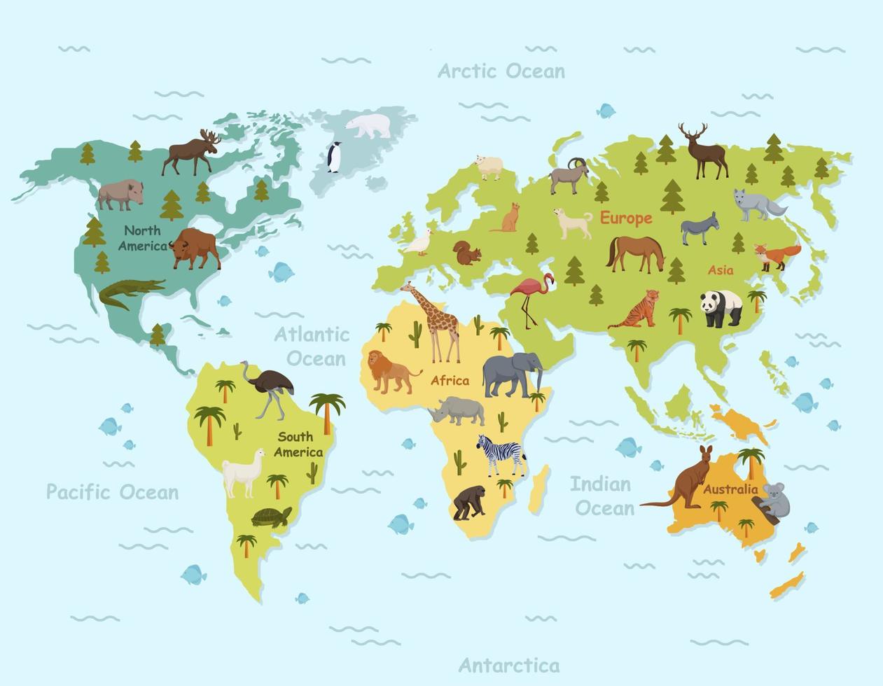 animales de hábitat en imágenes prediseñadas de mapa mundial. continentes topográficos verdes con océano y mamíferos tropicales del norte. vector