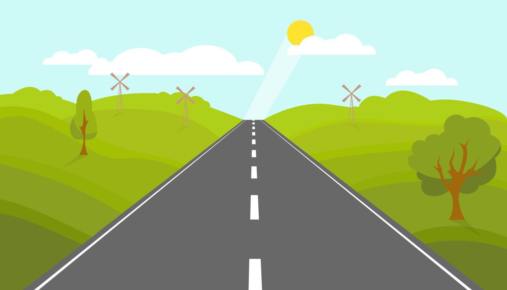 Straight highway road. Long asphalt road with white markings directed towards horizon colorful fields vector