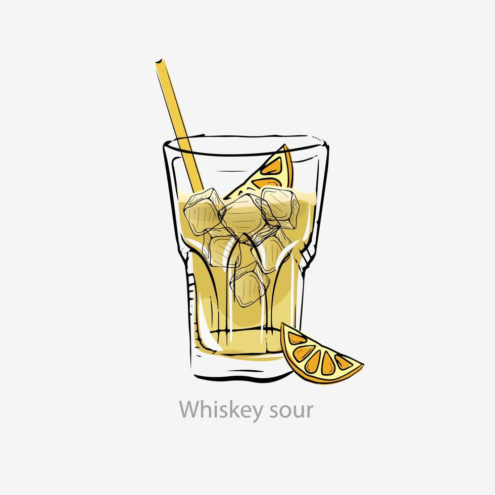 cóctel de whisky agrio. cubitos de hielo de cóctel amarillo, pajitas de naranja, alcohol de trago largo, jarabe de azúcar de jugo de limón bourbon servido en vaso de vector highball, categoría inolvidable.