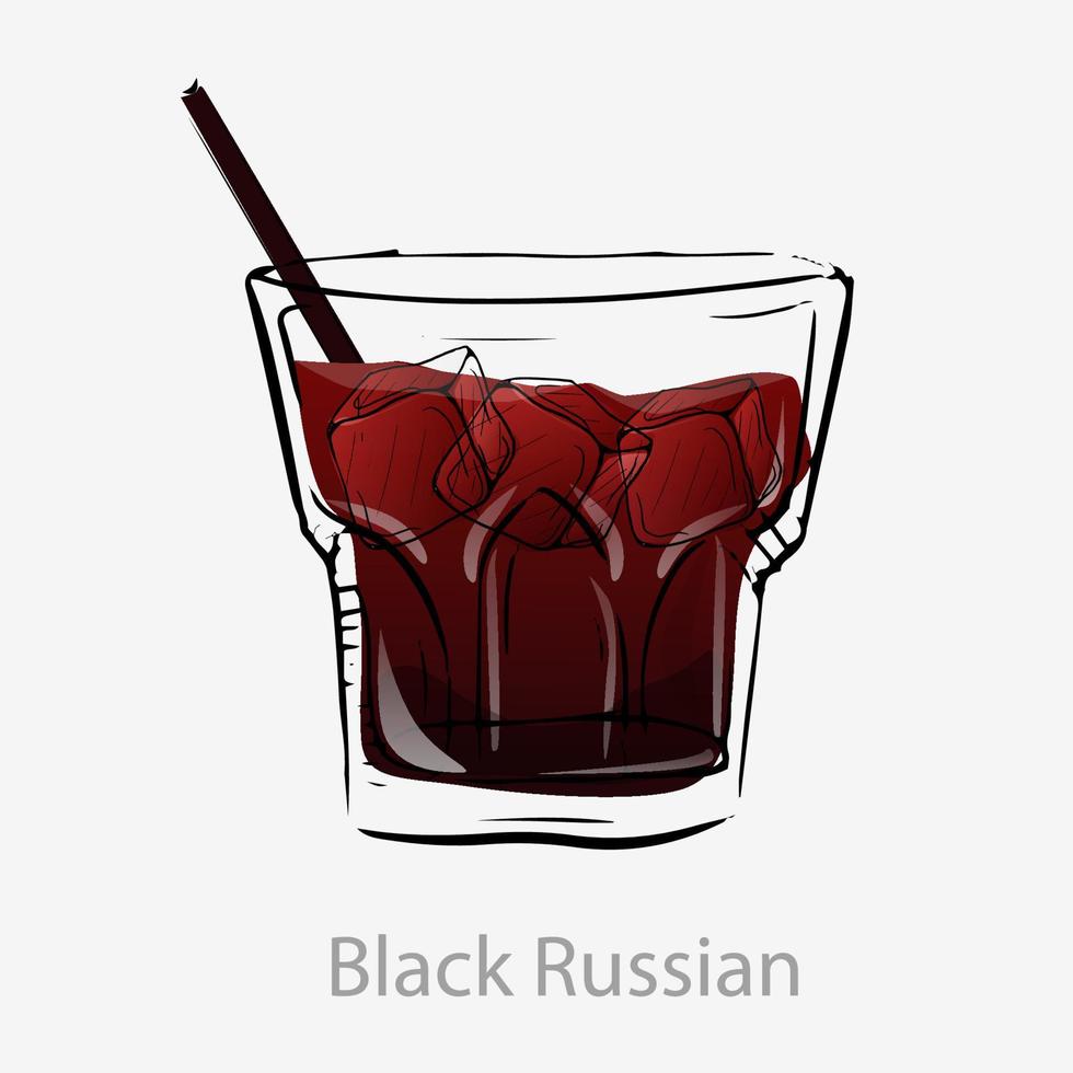 Black russian cocktail. Dessert cocktail alcoholic brown based vodka and cahloa coffee liqueur in old-fashioned glass category modern classic build with vector ice on crushed ice.