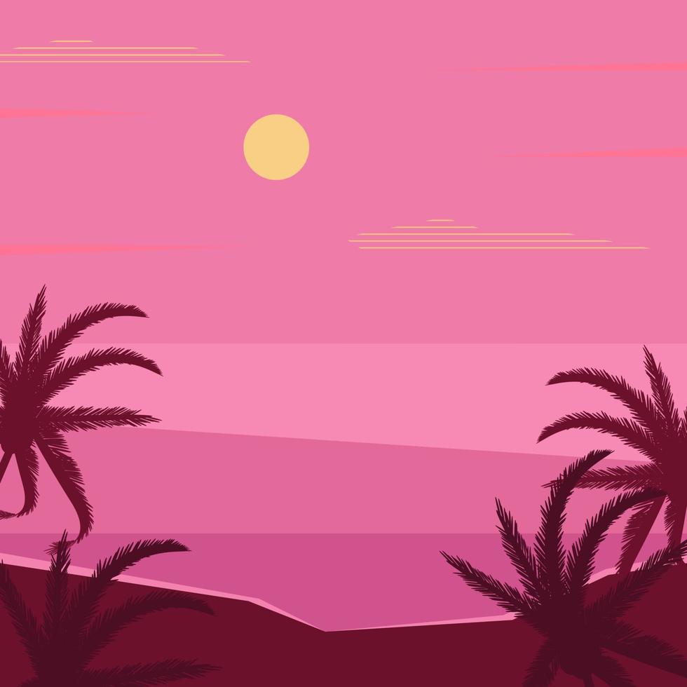 Pink sky and ocean with sun setting. Palm tree leaves silhouette on island vector illustration.