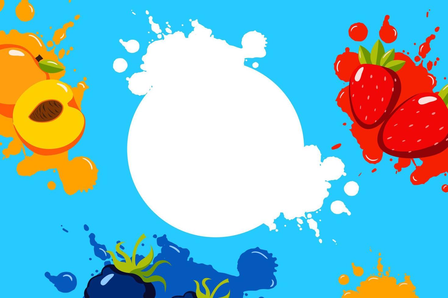 Fruit bright splash banner. Red strawberry smoothie with yellow wave apricot and blue blackberry. vector