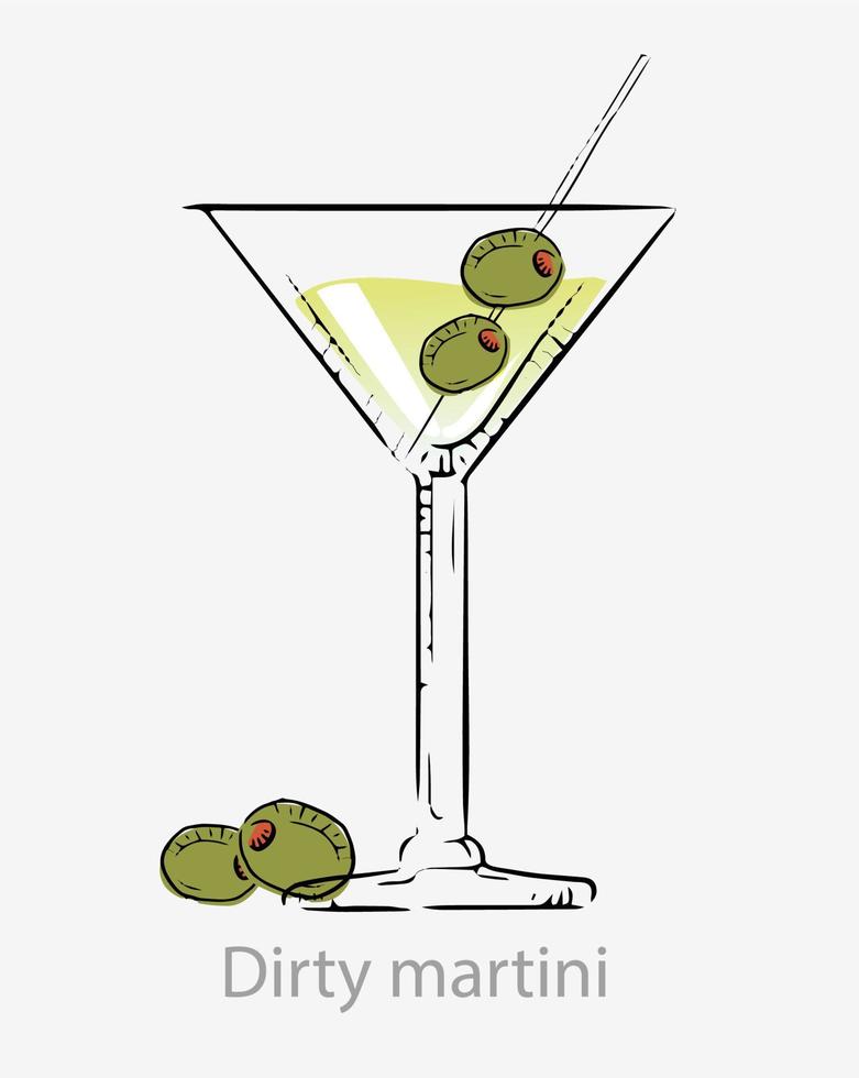 cóctel de martini sucio. cóctel verde con palo de aceitunas, aperitivo alcohólico a base de vodka seco vermut aceitunas se sirven martini vector vidrio categoría bebidas nueva era.