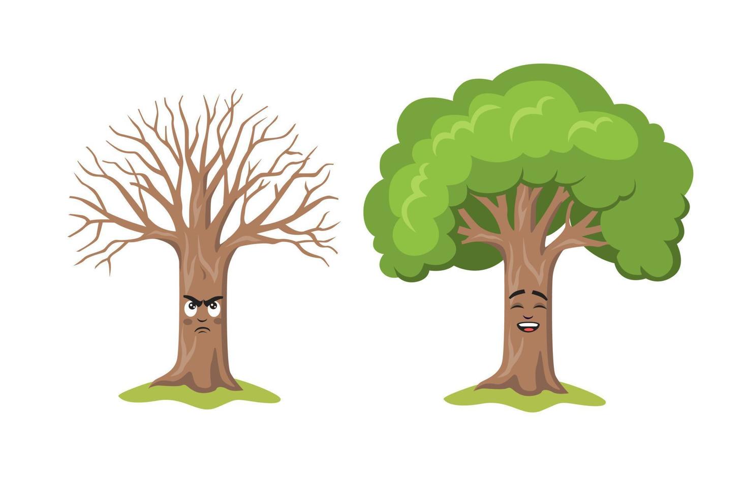 dos personajes de árboles de dibujos animados felices y tristes aislados en blanco. concepto de pensamiento positivo y negativo vector