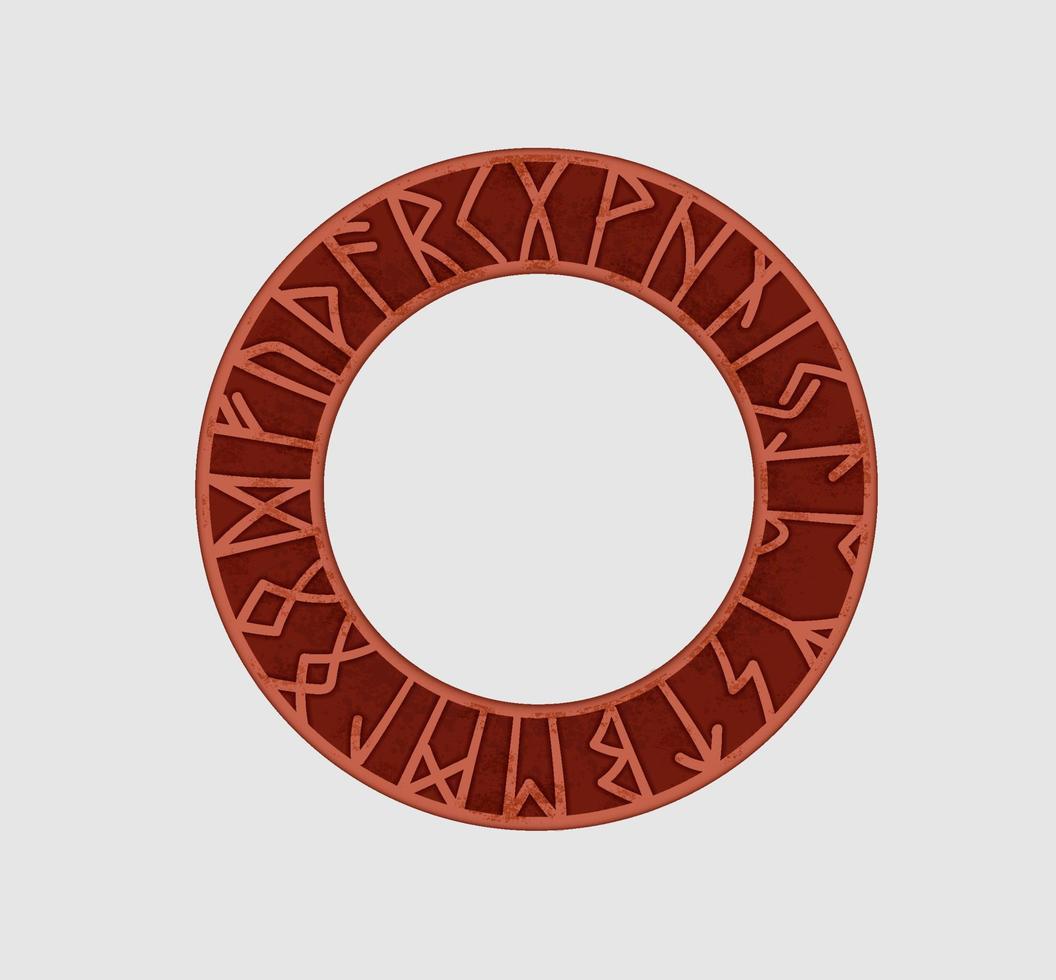 Ancient runic frame circle template. Runic bronze red hoop, nordic sacred occult artifact wisdom and good luck mystical vector symbols of Valhalla and Asgard, esoteric magic amulet.