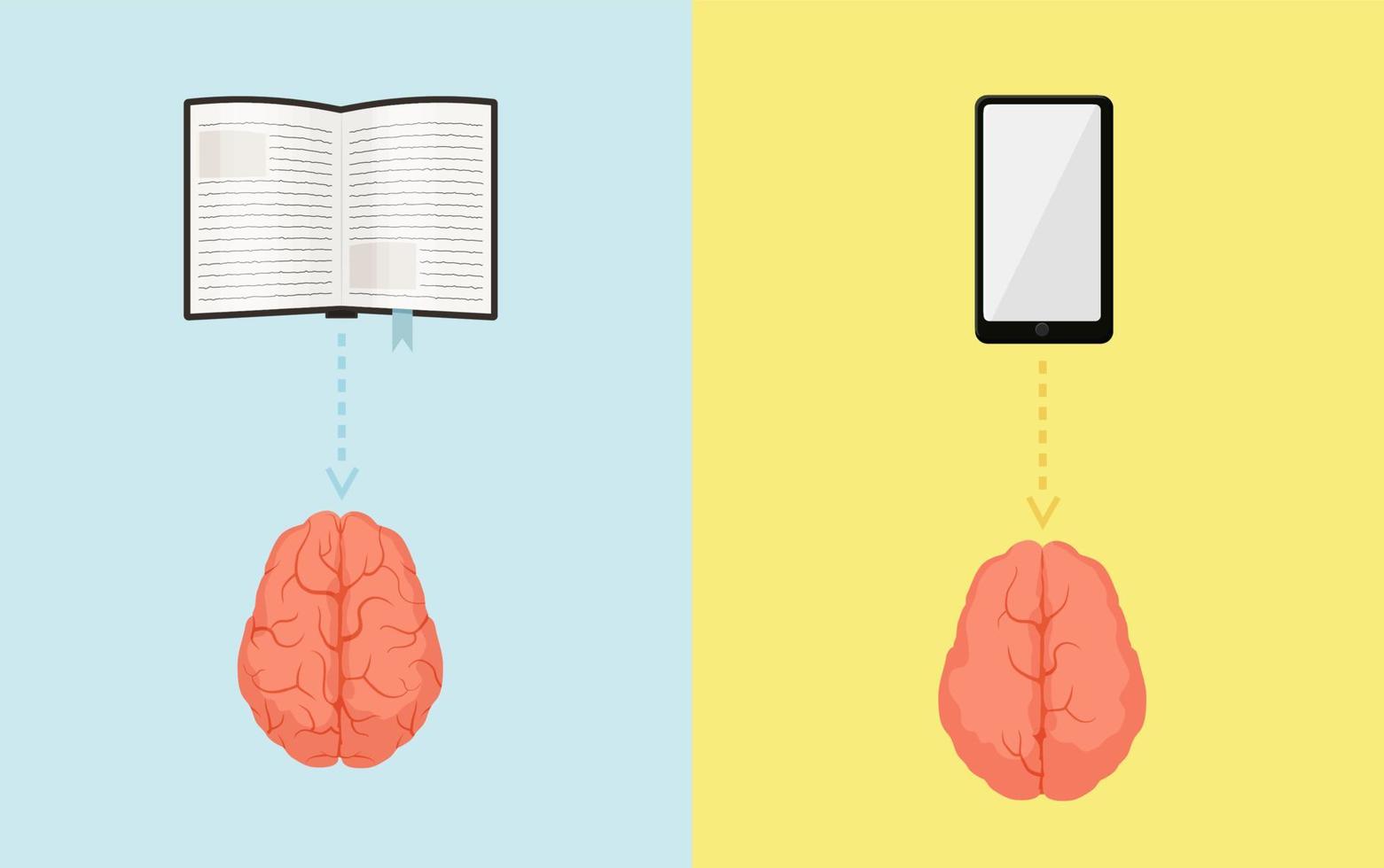 Brain gyrus while reading book and viewing smartphone concept. Pumped pink brain studying interesting article and weak one with empty hemispheres watching online social vector networks.