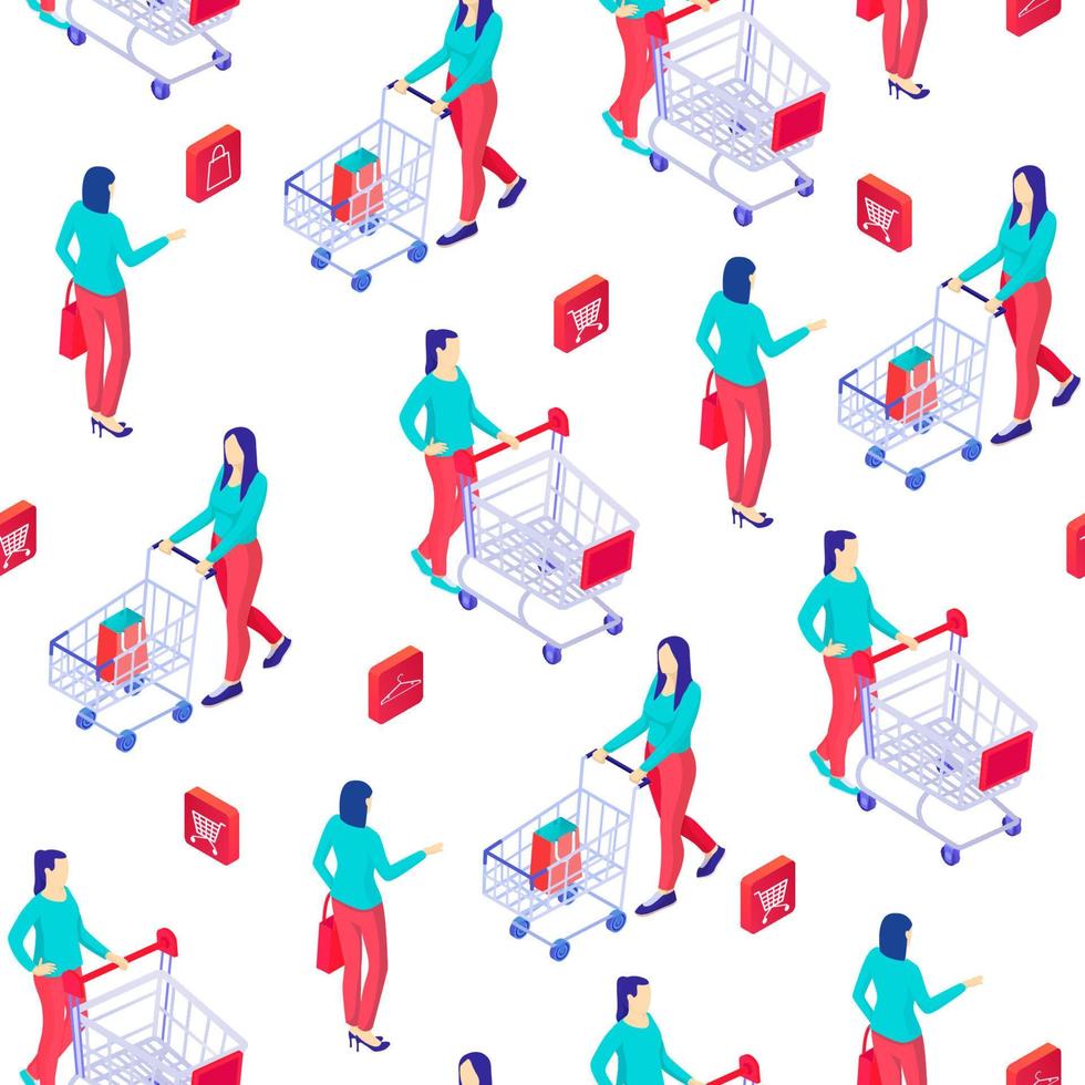 People with trolley in store isometric seamless pattern. Female character in green tshirt and red pants carrying metal cart. vector
