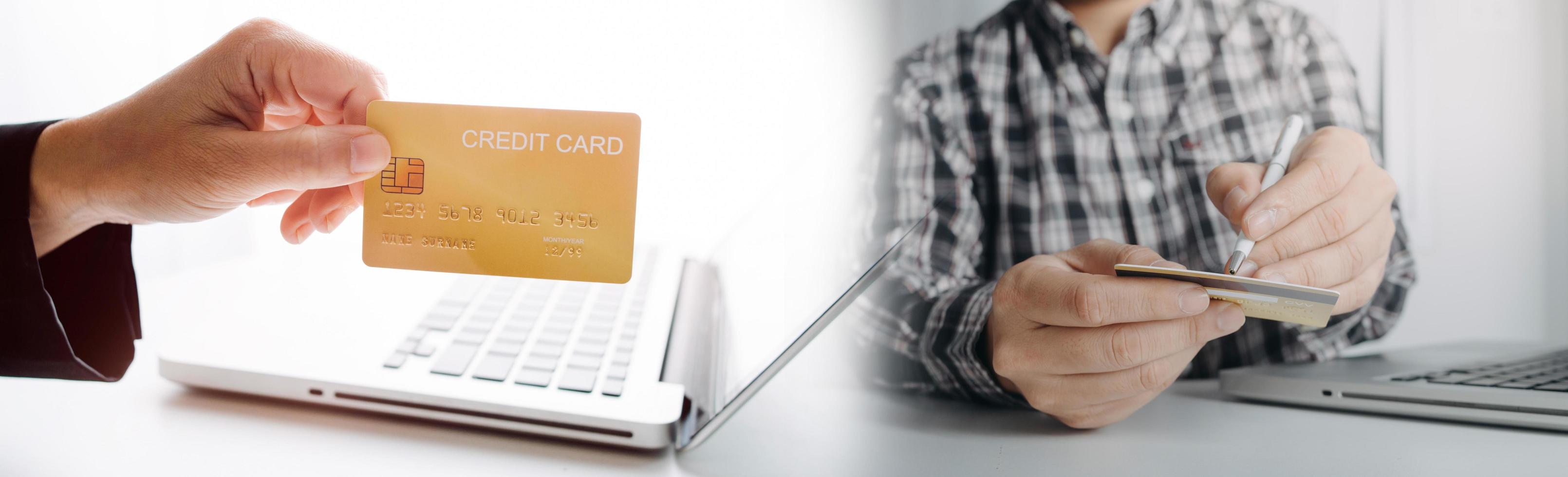 technology, people and online shopping concept - happy smiling man with tablet pc computer and credit card at home photo