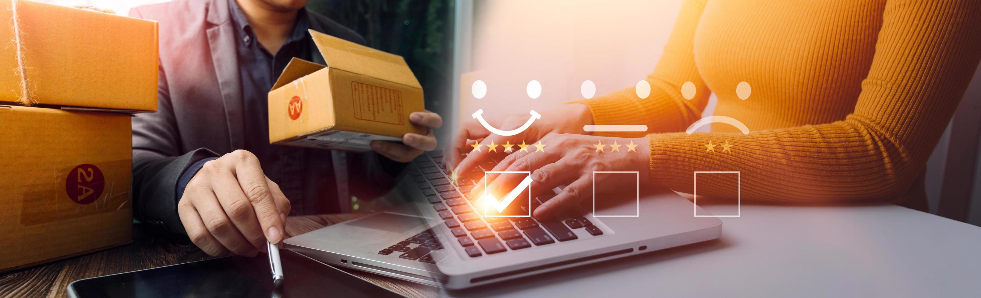 Business woman start up small business entrepreneur SME success .freelance woman working at home with Online Parcel delivery. SME and packaging deliveryconcept photo