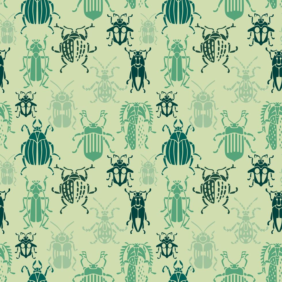 Seamless color Outline Of An Insect Beetle. A pattern with beetles in green colors on a green background. vector