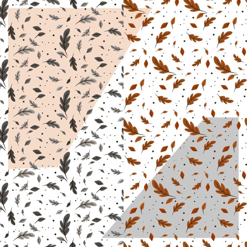 Autumn texture of flat multicolored leaves. Gray and orange leaves with dots. Windy weather, flying leaves. vector