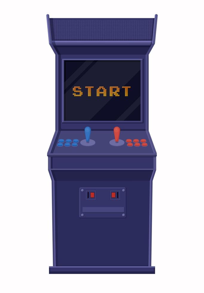 Arcade game machine included. Retro blue game console with black screen and inscription start. vector