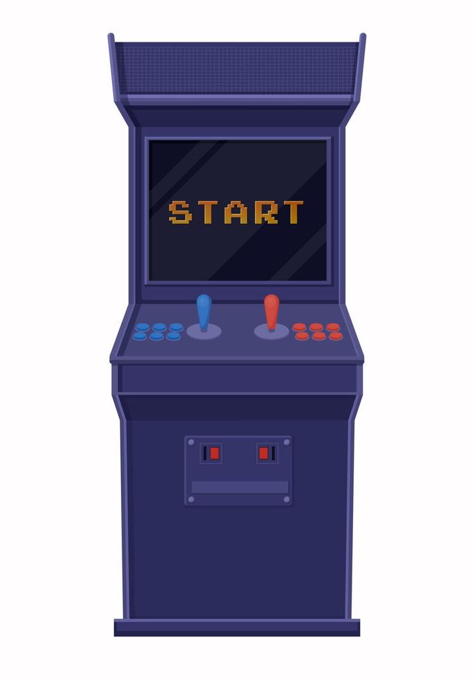 Arcade game machine included. Retro blue game console with black screen and inscription start. vector