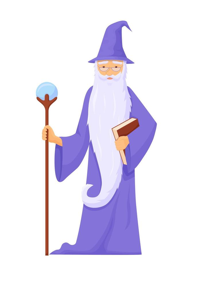 Archmage with ancient staff. Wizard connoisseur ice magic long gray beard blue robe with staff. vector