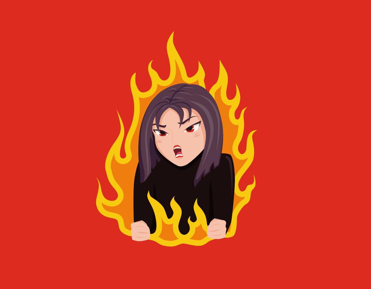 Wicked pretty girl. Angry woman with red eyes burns fire of hatred aggressive disappointment emotional problems in personal cartoon life explosion negative vector feelings.