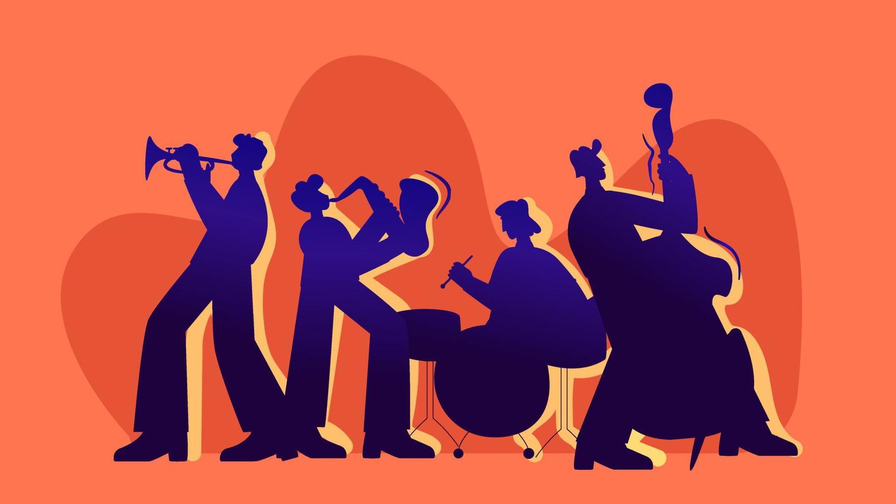 músicos tocando ilustración de jazz. grupo de personajes interpretan música de jazz en saxofones. vector