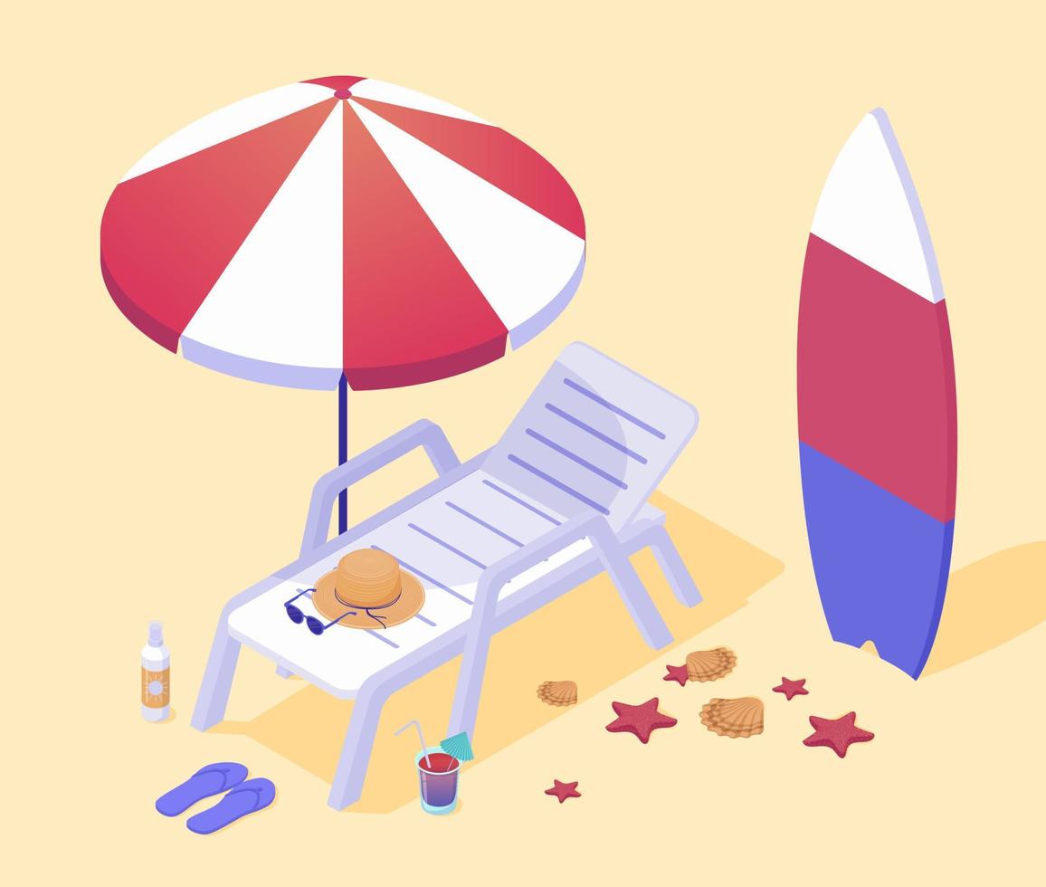 tumbona vacía en la playa del mar. cubierta de plástico blanco bajo una elegante tabla de surf de paraguas rojo y blanco. vector
