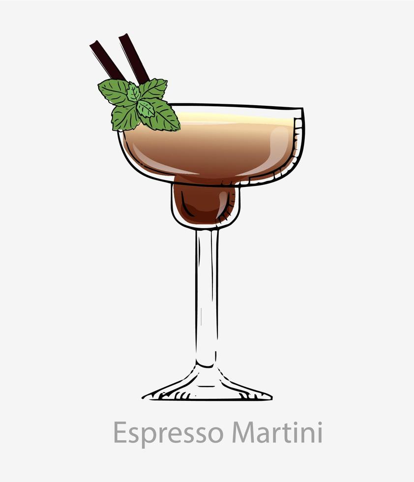 cóctel de espresso martini. cóctel marrón dos pajitas y hojas de menta vodka a base de alcohol digestivo licor de café expreso jarabe de azúcar servido vaso vectorial martini categoría de hielo bebidas de la nueva era. vector