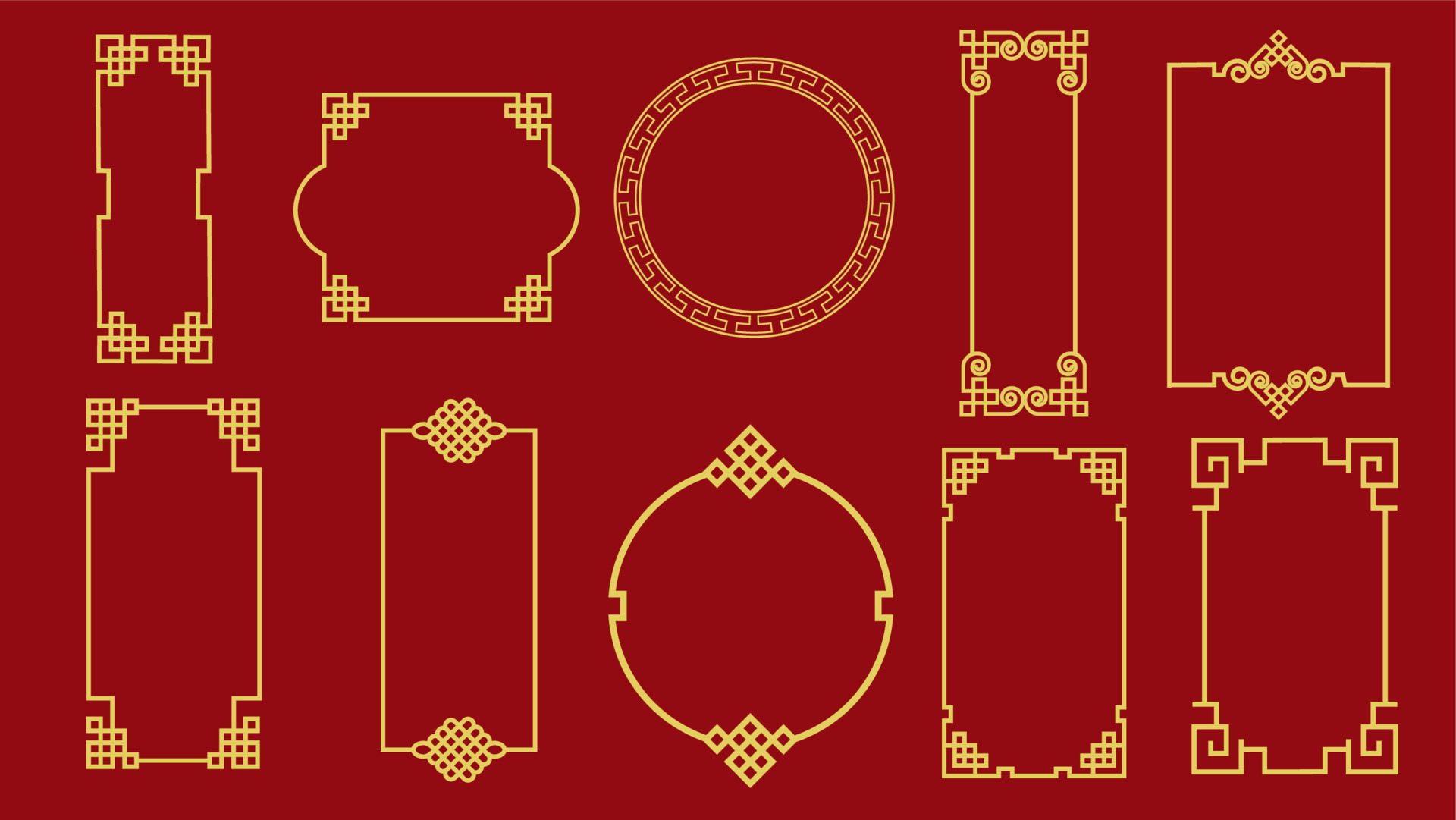 Set of various traditional golden china frame isolated on red