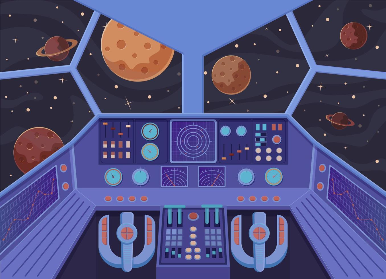 Interior spacecraft. Futuristic look from cockpit of star destroyer open space planets. vector