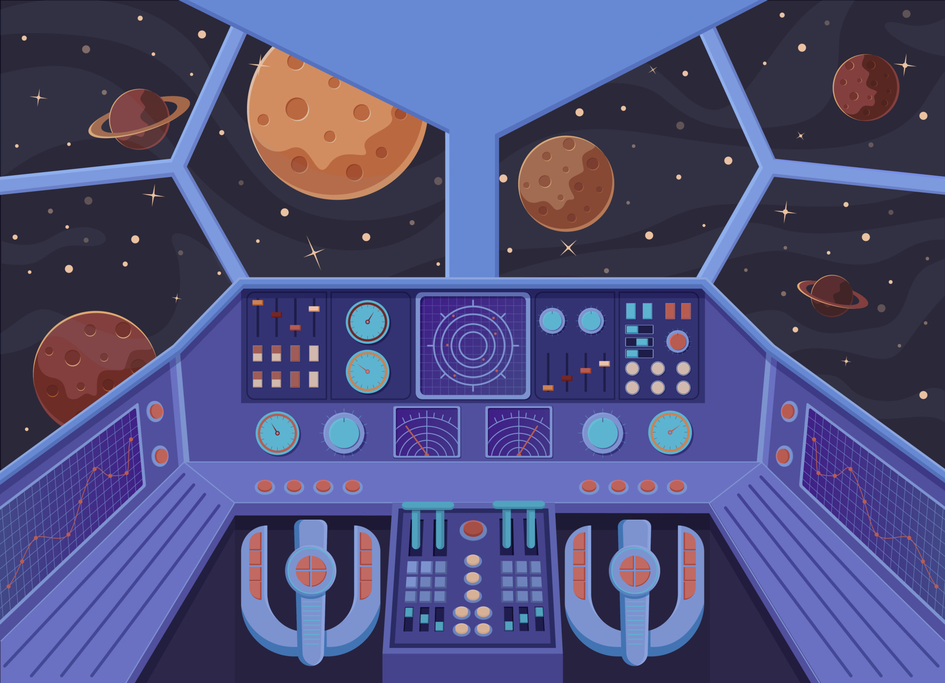 Interior spacecraft. Futuristic look from cockpit of star destroyer open  space planets. 11913637 Vector Art at Vecteezy