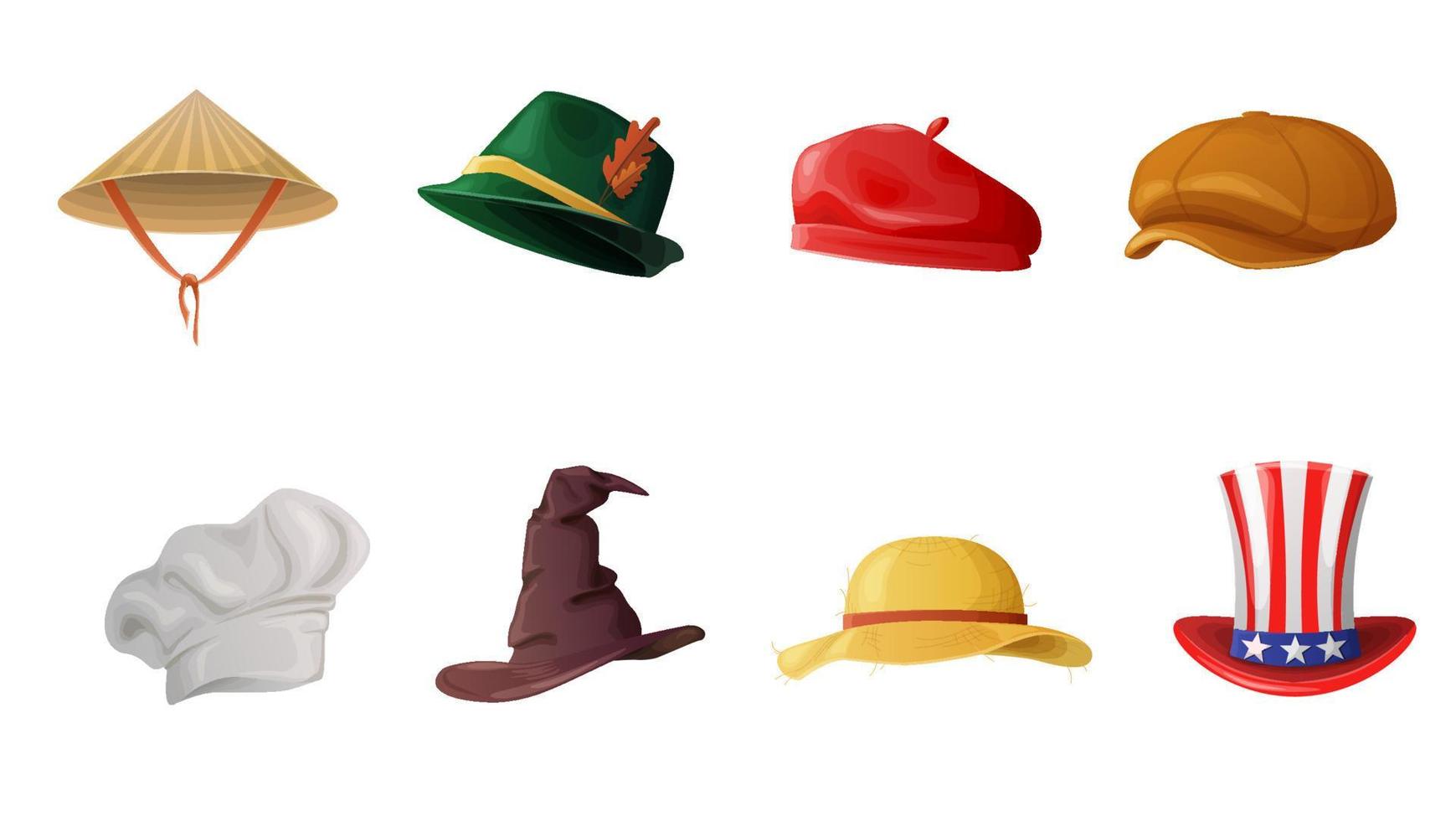 establecer personajes de disfraces de carnaval de sombrero de dibujos animados aislados en fondo blanco. colección de varios accesorios para la cabeza cocinero, bruja, robin hood, asiático, boina, gorra, tío sam ilustración gráfica vectorial vector