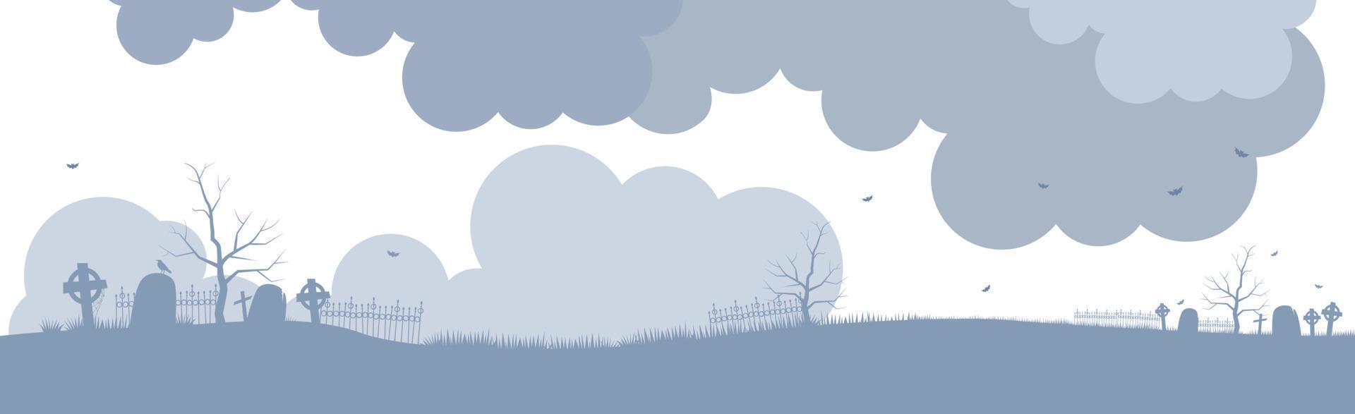 Ancient cemetery in fog background. Old silhouettes crosses and gravestones with destroyed fences. vector