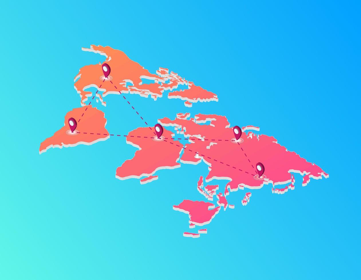 World map with web route labels isometric. Red continents with gps pointers on blue gradient space. vector