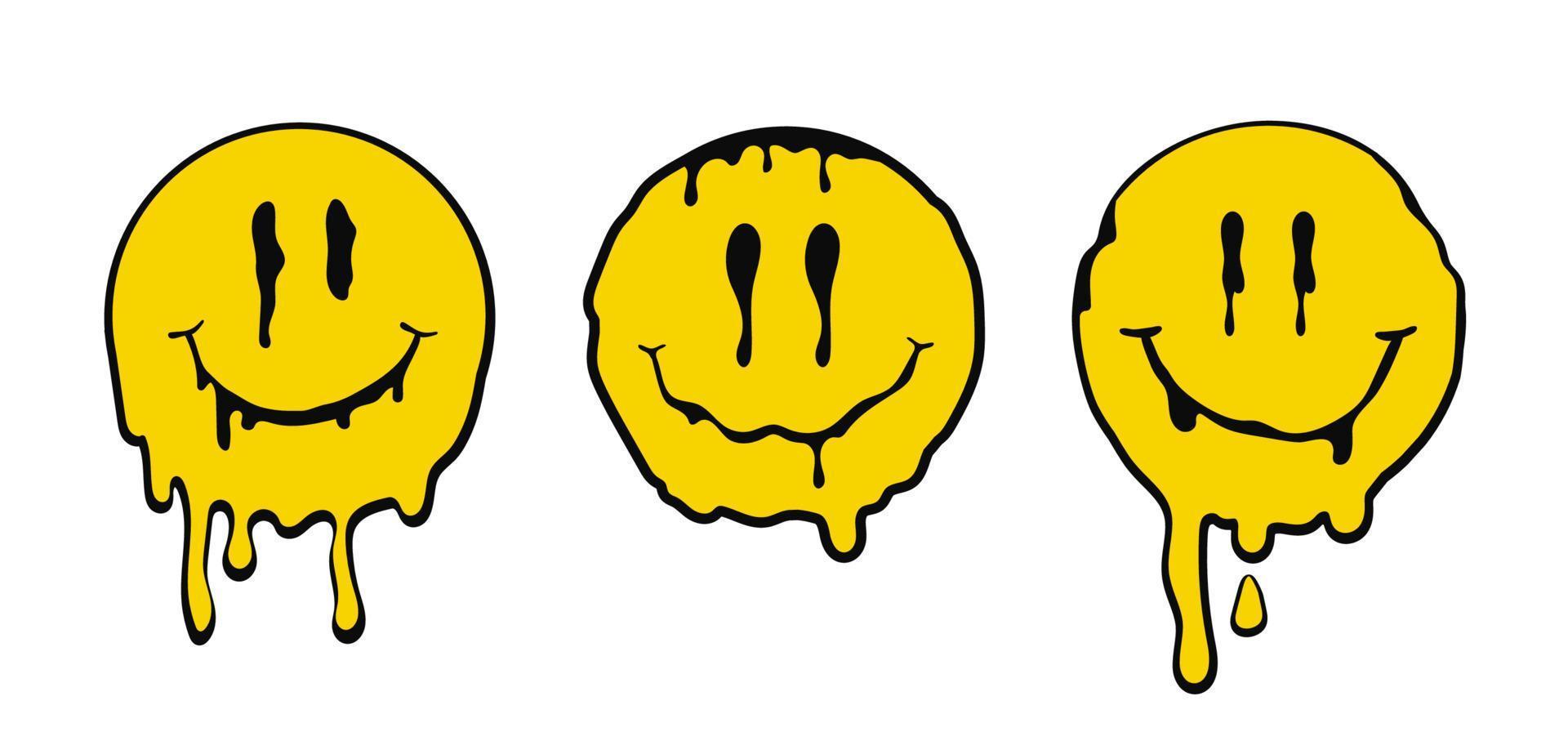 Melted smiling yellow emotions. Positive face spreading in drops vector