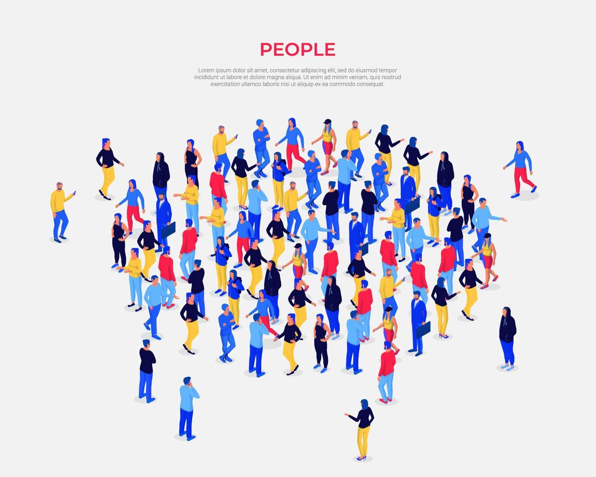 Crowd people gathers in circle isometric illustration. Male and female characters come to festival. vector