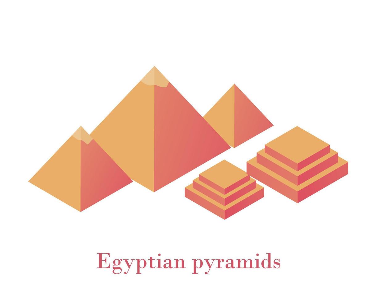 Egyptian pyramids isometrics. Ancient wonder of world complex three pyramids Giza yellow blocks. vector