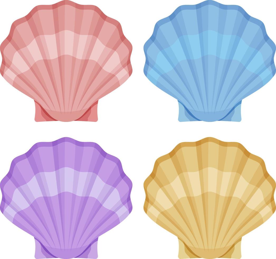 Closed oyster shells. Red ribbed sashes with blue shade wave and purple seashells luxury yellow decoration. vector