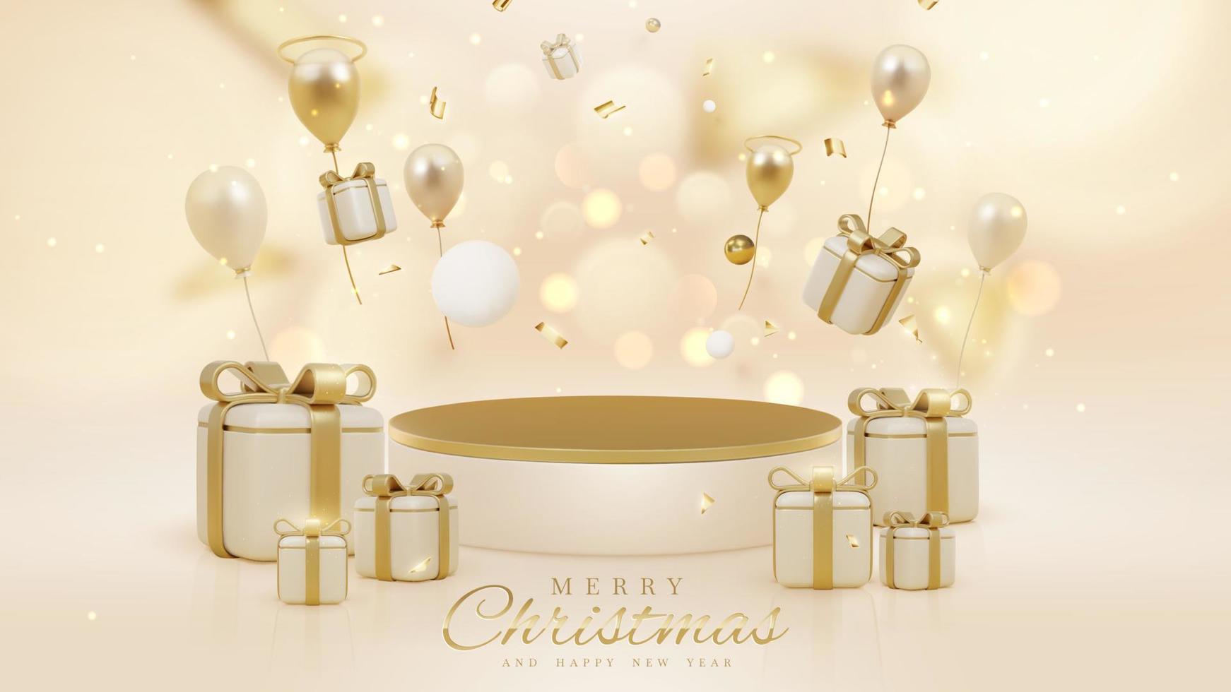 Merry christmas background with product display podium and gift box decoration and golden ball and balloons with ribbon and glitter light effect and bokeh elements. vector