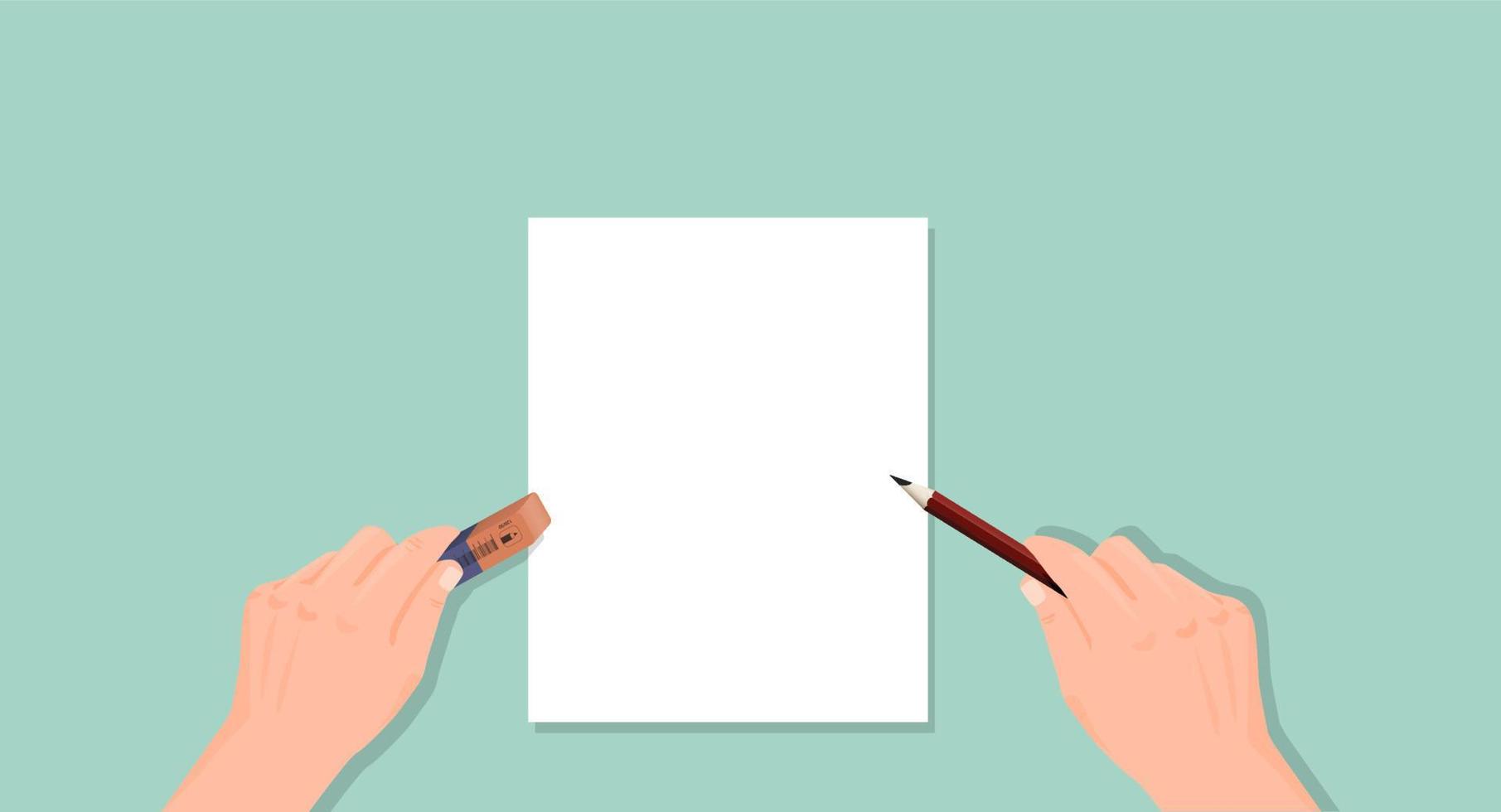 Hand holds pencil an eraser. Writing erasing unnecessary information with blue red eraser cleaning up messages incorrect clearing sheet of past records art of correcting filled vector space.