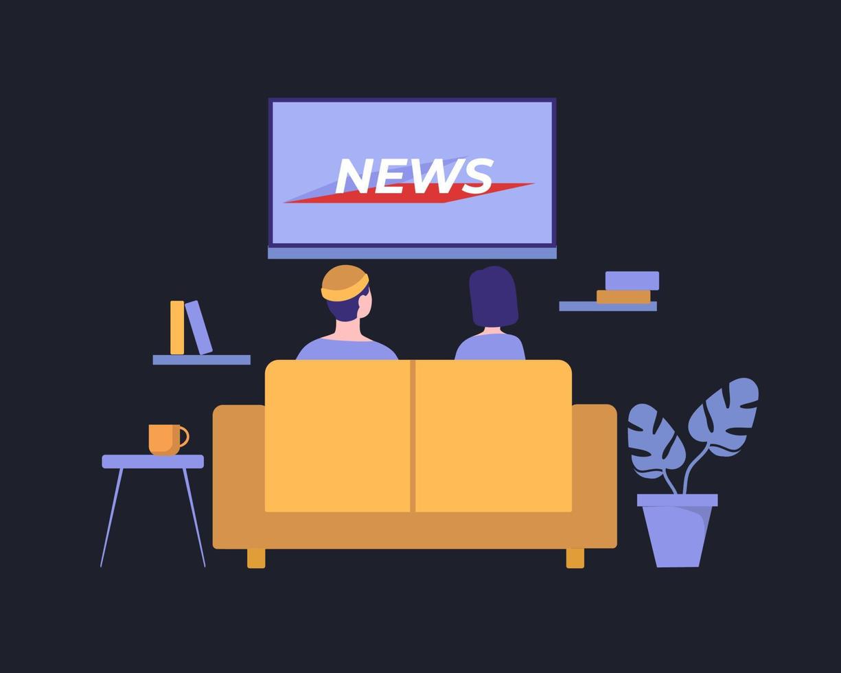 People watch news illustration. Watching latest information events of day on TV in cozy living room at home comfortable yellow sofa modern video technologies for relaxation cognition vector. vector