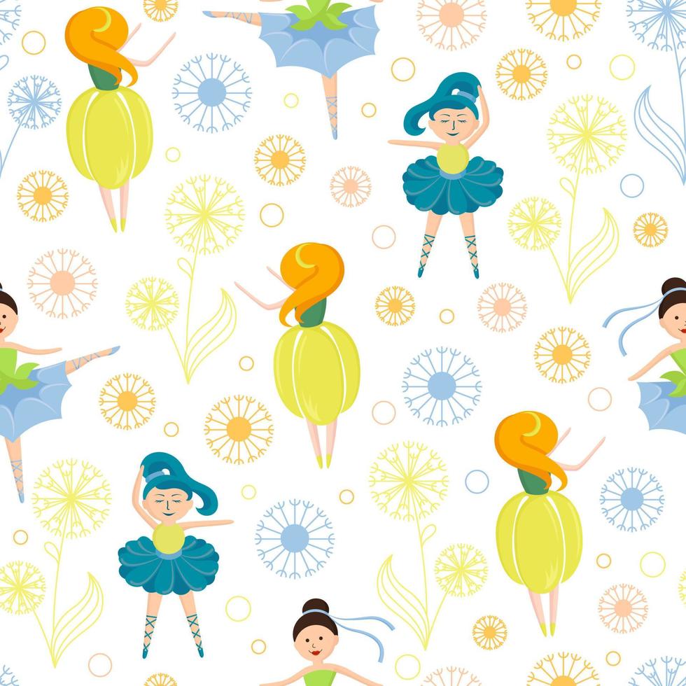 Cartoon girl ballerina surrounded by colorful dandelion vector flat illustration. Dancing female in cute dress posing with blossom blowball seamless pattern. Floral bloom ornament