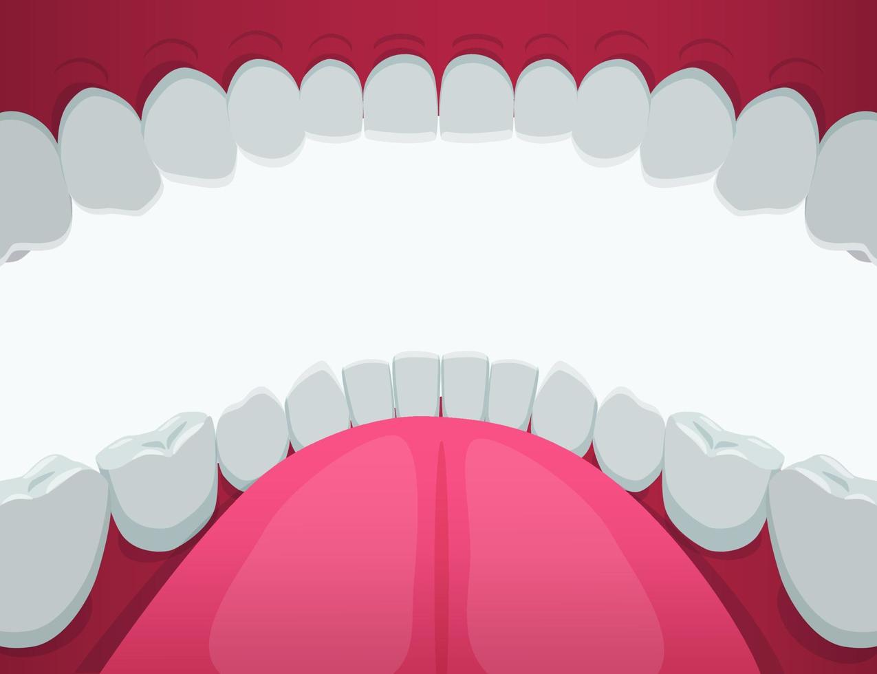 Cartoon human mouth white teeth view inside vector graphic illustration. Person clean healthy tooth with pink tongue and gum isolated on white background. Dental health care and orthodontic concept