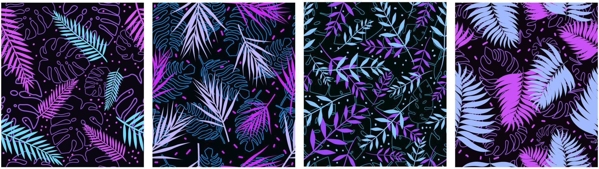 Fern pattern futuristic seamless set. Violet blue tropical leaves swirl in whirlpool of wind exotic floral vintage ornament in fantasy style ornamental botanical vector design.