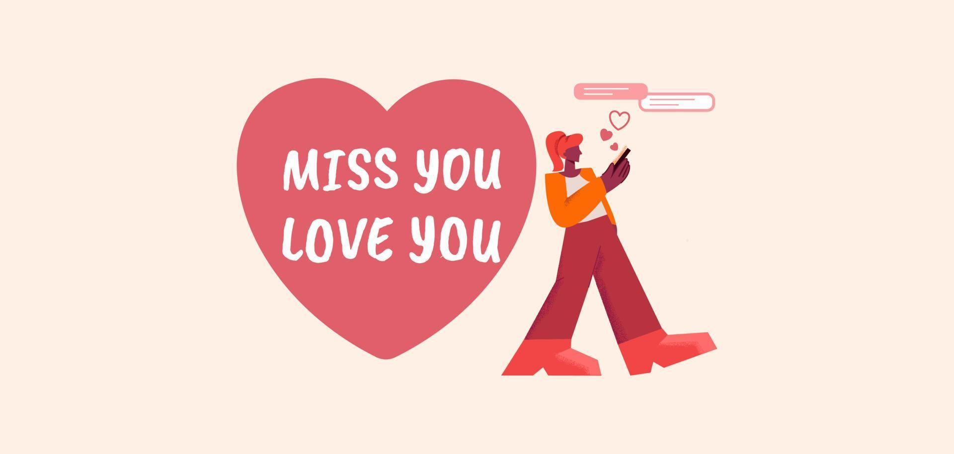 Miss you love you poster. Romantic message in shape red heart and character with smartphone beautiful and sad confession. vector