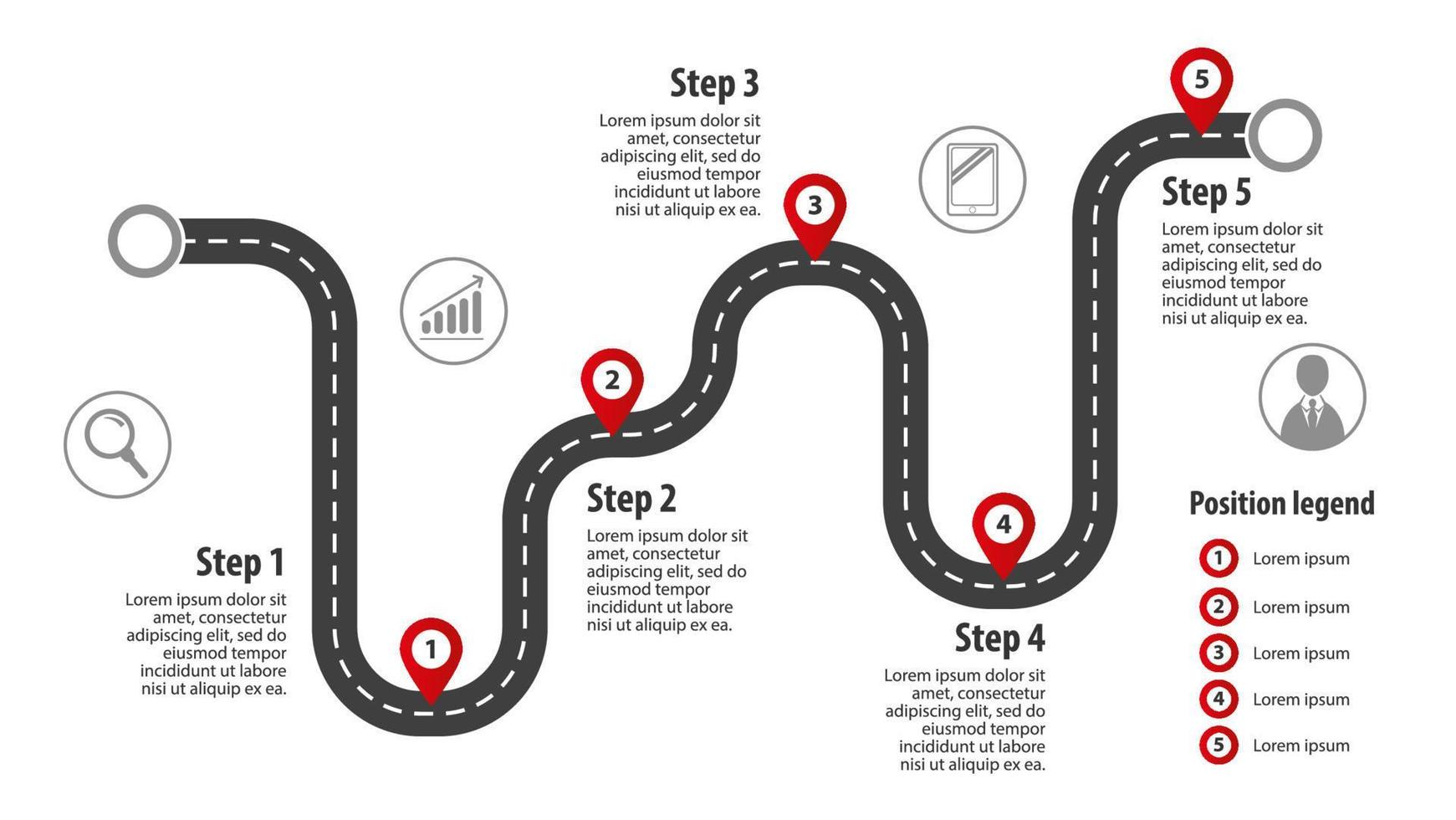 hoja de ruta con marcas. concepto de ruta de información con etiquetas de puntos de destino, calles, señales de destino. ilustración gráfica de viajes, turismo, guía de referencia. vector