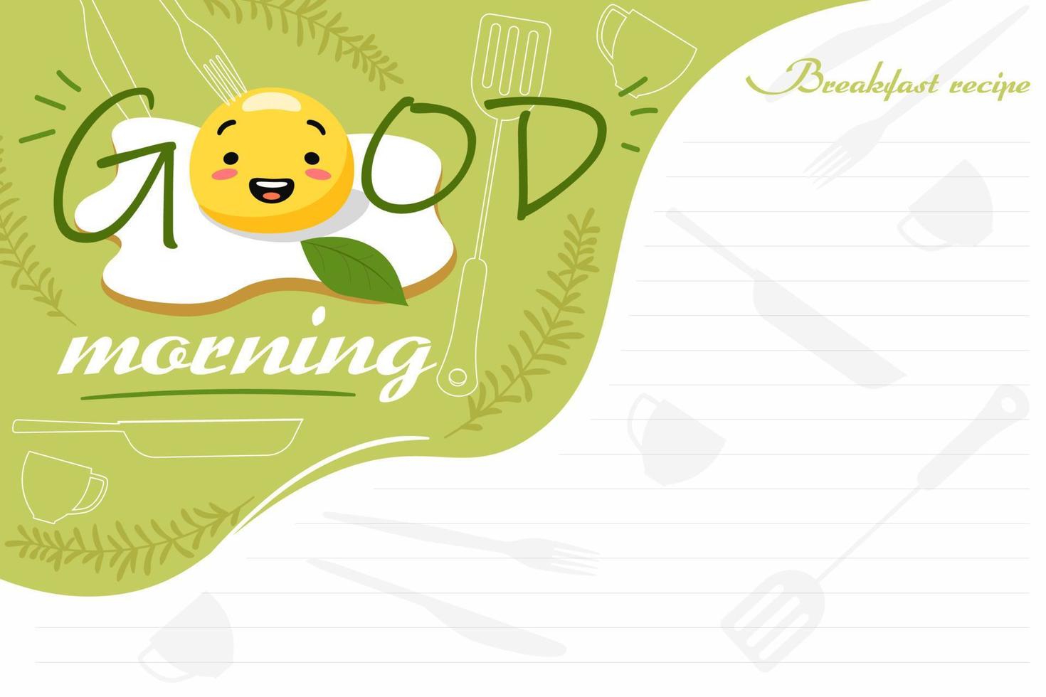 Good morning with cheerful scrambled eggs banner. Joyful yellow omelette for breakfast with blank complementary items. vector