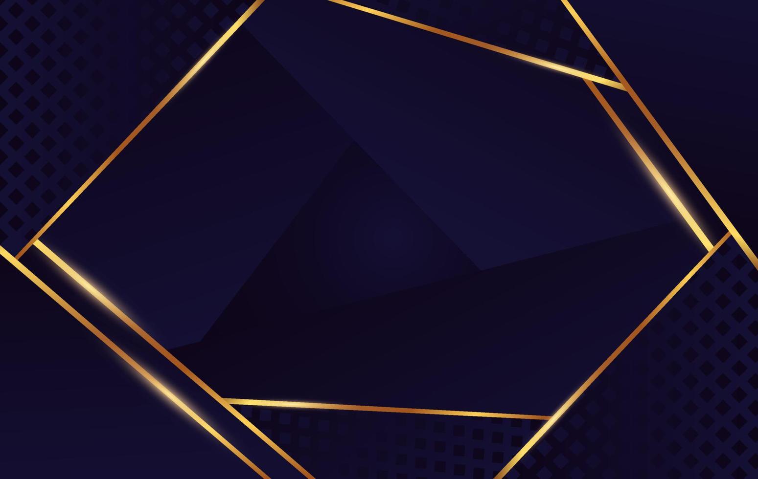Squared abstract gold geometric shape at dark blue and black background. Golden light lines element at cube and triangle backdrop vector graphic illustration