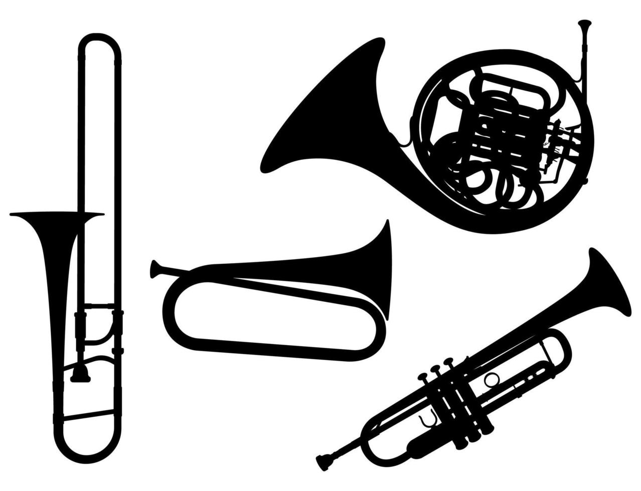 Set Of Brass musical Instruments Silhouettes, French Horn, Bugle, Trombone And Trumpet Illustrations vector